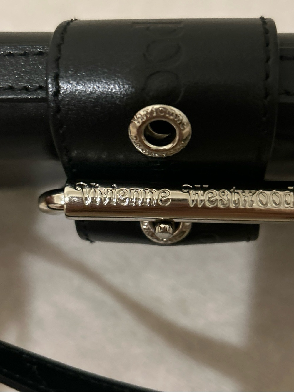 Vivienne Westwood Black Leather Crossbody with Embossed Detail and Silver Buckle - Picture 4 of 8